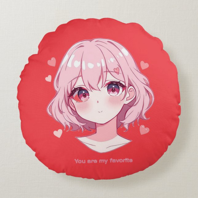 Kawaii Anime Girl Valentine Sweatshirt Round Cushion (Front)
