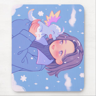 Kawaii Anime Girl With Baby Dragon in Winter Snow Mouse Mat