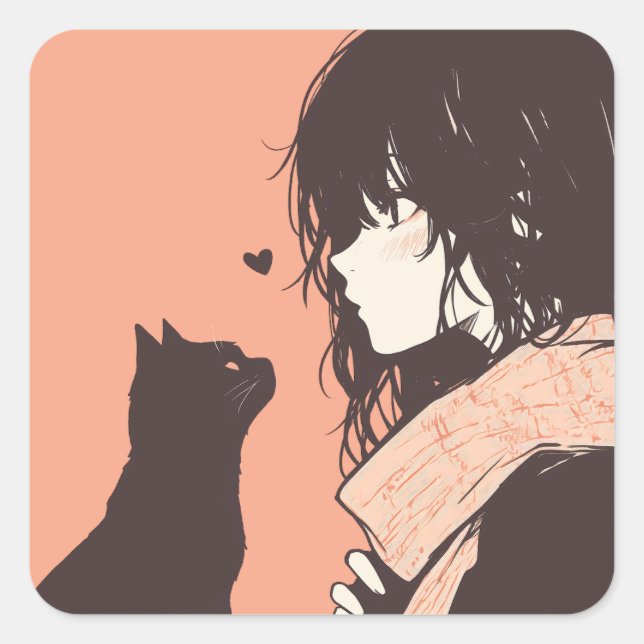Kawaii Anime Girl with Black Cat Square Sticker (Front)