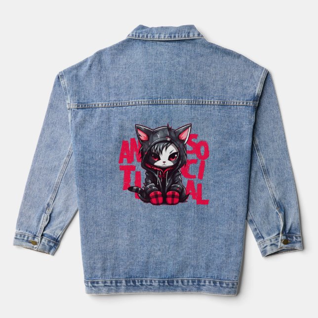 Kawaii Anime Gothic Cat Chibi Antisocial Hera Grun Denim Jacket (Back)
