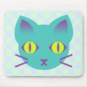 Kawaii Anime Kitty Cat Blue & Green Checks Mouse Mat