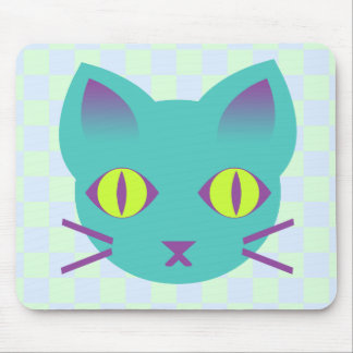 Kawaii Anime Kitty Cat Blue & Green Checks Mouse Mat