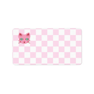 Kawaii Anime Kitty Cat Pink & White Chequerboard Label