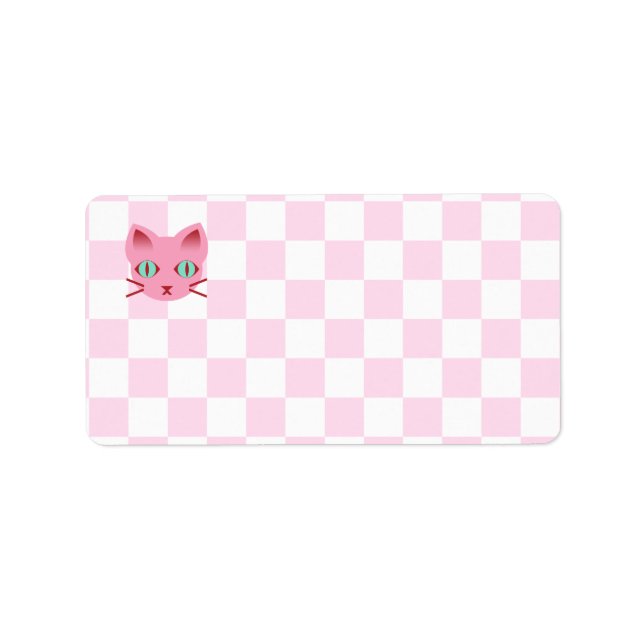 Kawaii Anime Kitty Cat Pink & White Chequerboard Label (Front)