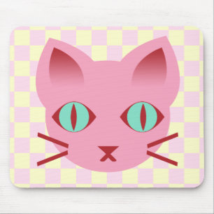 Kawaii Anime Kitty Cat Pink & Yellow Checks Mouse Mat