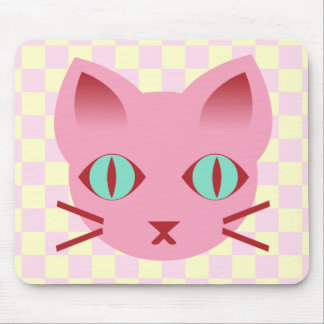 Kawaii Anime Kitty Cat Pink & Yellow Checks Mouse Mat