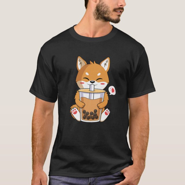 Kawaii Anime Shiba Inu Dog Drinking Boba Bubble Te T-Shirt (Front)