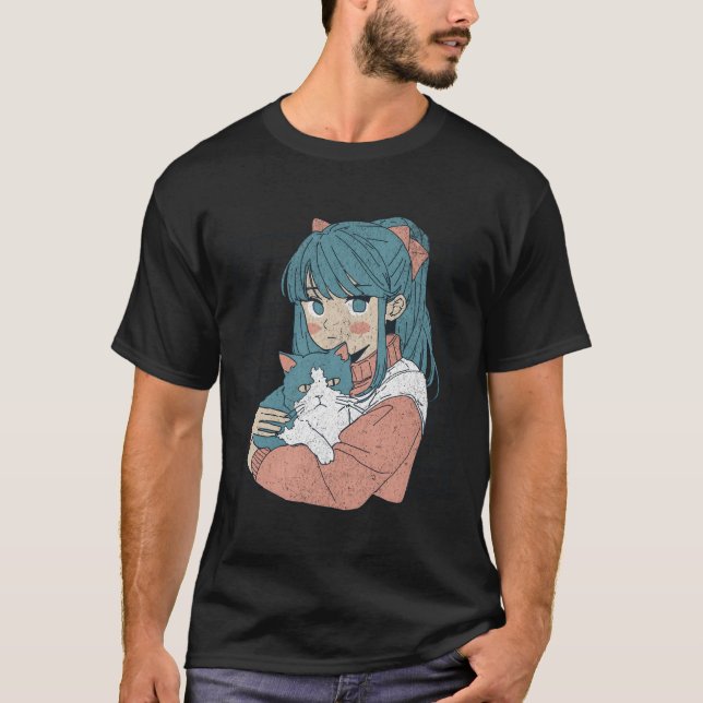 Kawaii Anime With Cat Kitty Ga Japan T-Shirt (Front)
