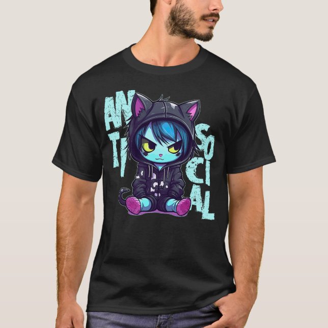 Kawaii Antisocial Emo Cat Pastel Goth Menhera Anim T-Shirt (Front)