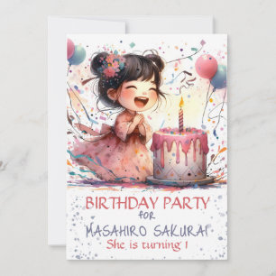 Kawaii Asian girl 1st Birthday cake candells name Invitation