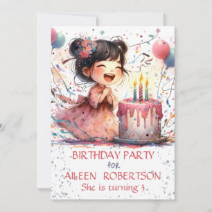 Kawaii Asian girl 3rd birthday cake cand Invitation
