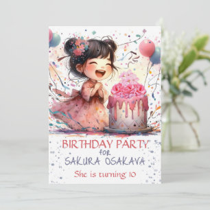 Kawaii Asian girl Birthday Floral cake personalise Invitation