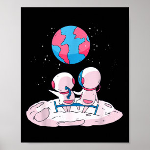 Kawaii Astronauts Sitting On Moon Looking At Earth Poster