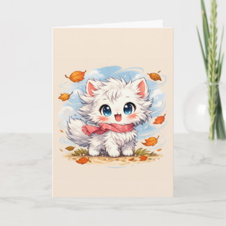 Kawaii Autumn Breeze Kitty – Cute Cosy Fall Cat Card