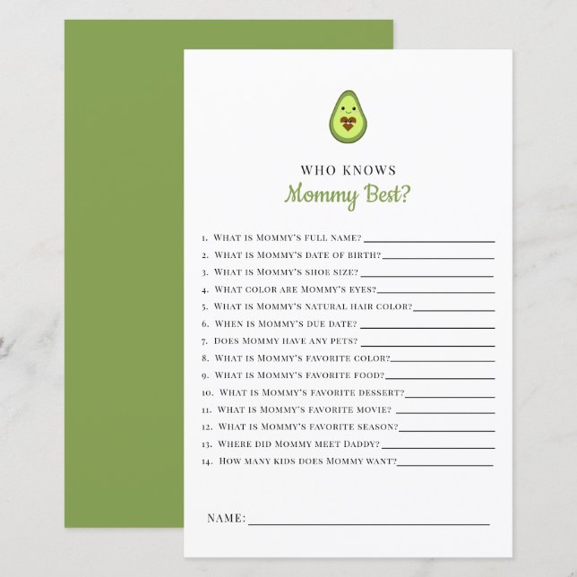 Kawaii Avocado Baby Shower Game Who Knows Mummy  (Front/Back)