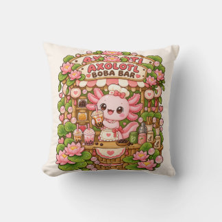 Kawaii Axolotl Boba Bar Pink Lotus Throw Pillow