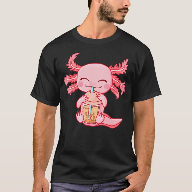 Kawaii Axolotl Drinking Boba Bubble Tea Anime Girl T-Shirt (Front)