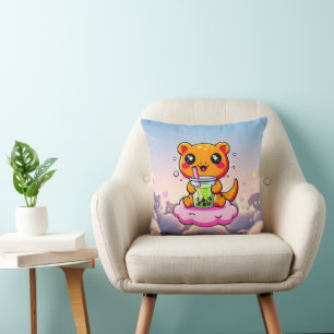 Kawaii Axolotl Drinking Pink Boba Tea Cute Pillow
