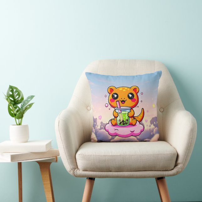 Kawaii Axolotl Drinking Pink Boba Tea Cute Pillow (Chair)