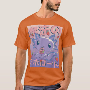 Kawaii Axolotl Drinking Strawberry Milk Japanese L T-Shirt