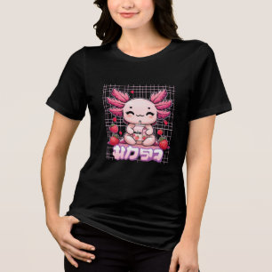 Kawaii Axolotl Drinking StrawberryMilk Cute Pastel Tri-Blend Shirt