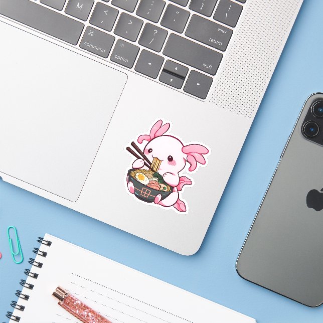 Kawaii Axolotl Eating Ramen (Laptop w/ iPhone)