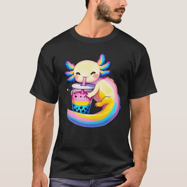 Kawaii Axolotl Pansexual Bubble Tea LGBT Queer T-Shirt (Front)