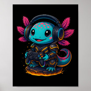 Kawaii Axolotl Playing Video Games Funny Gaming Ax Poster