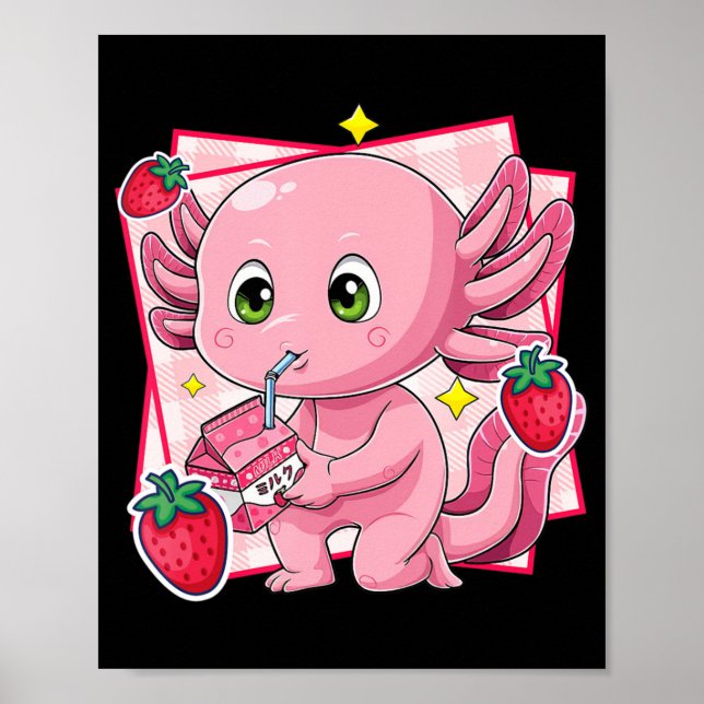 Kawaii Axolotl Strawberry Milk Japanese Anime Gift Poster (Front)