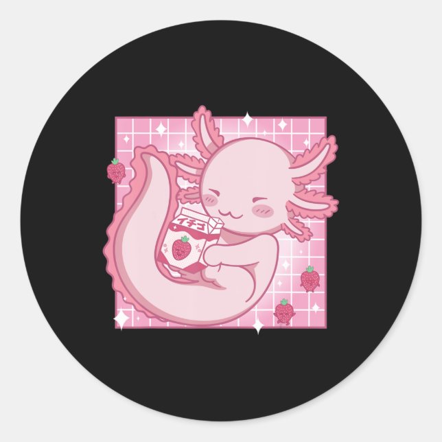 Kawaii Axolotl Strawberry Milk Shake Carton Japane Classic Round Sticker (Front)