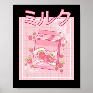 Kawaii Axolotl Strawberry Milk Shake Carton Japane Poster