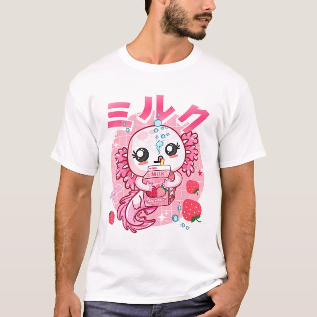 Kawaii Axolotl Strawberry Milk Shake Carton Japane T-Shirt (Front)