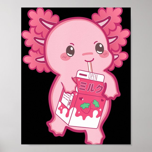 Kawaii Axolotl Strawberry Milk Teen Girl Kids Japa Poster (Front)
