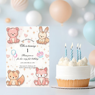 Kawaii Baby Animal 1st Birthday Invitation