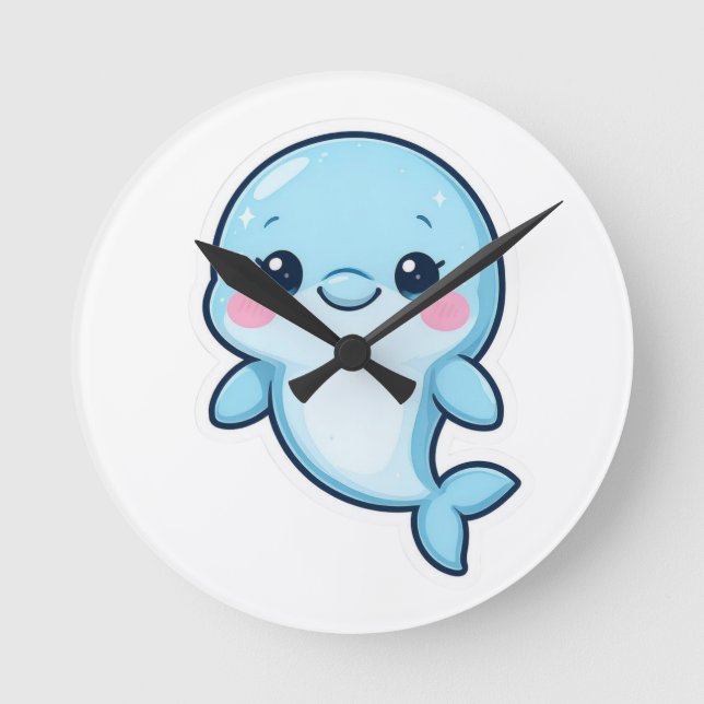 Kawaii Baby Blue Dolphin Round Clock (Front)