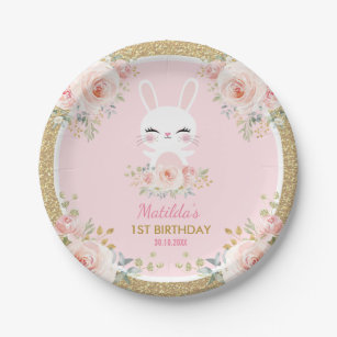 Kawaii Baby Bunny / Pink Floral Rabbit Birthday Paper Plate