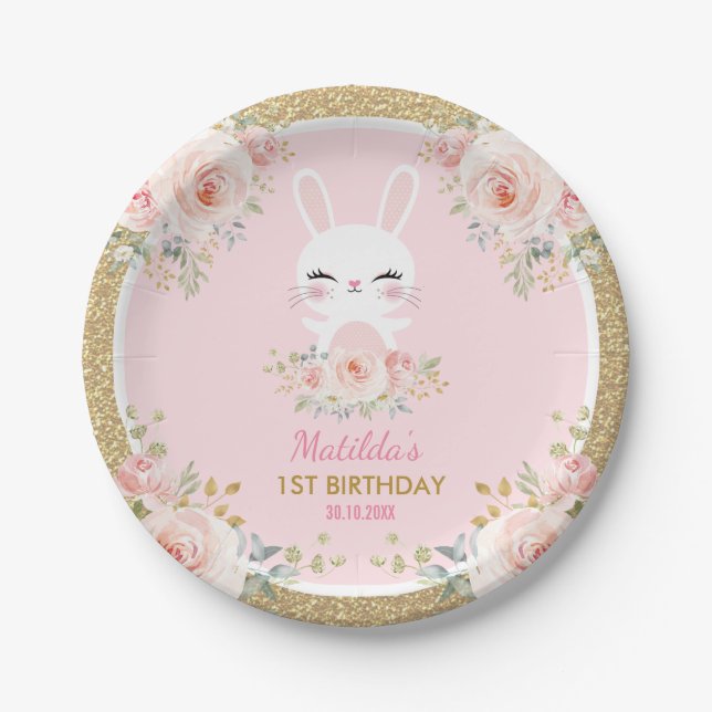 Kawaii Baby Bunny / Pink Floral Rabbit Birthday Paper Plate (Front)