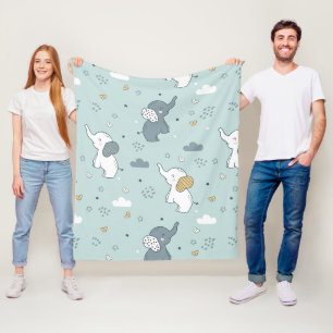 Kawaii Baby Elephant Nursery Blue Fleece Blanket