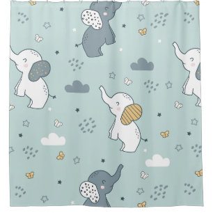 Kawaii Baby Elephant Nursery Blue Shower Curtain