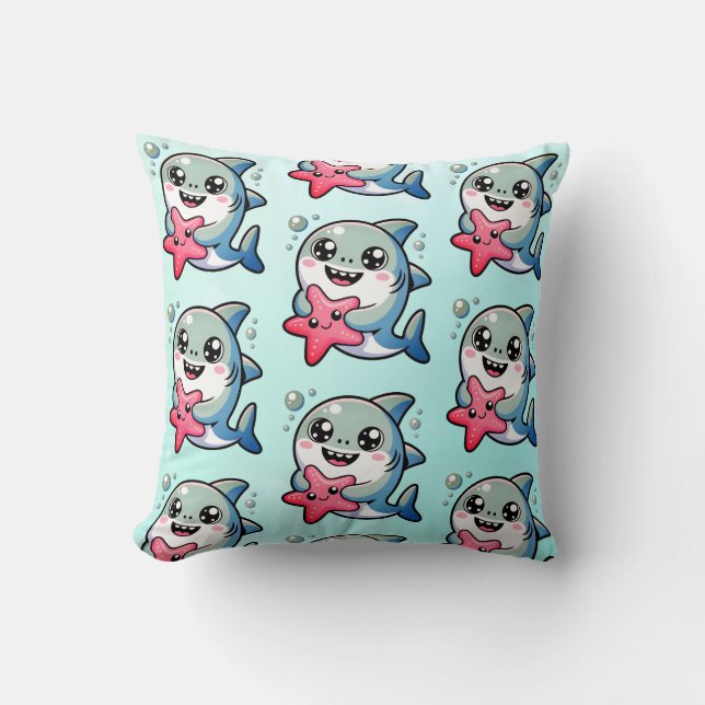 Kawaii Baby Shark & Starfish Ocean Nursery Decor Cushion (Front)