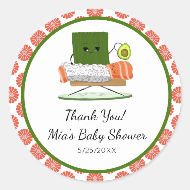Kawaii Baby Shower: Sushi and Salmon Roll Theme Classic Round Sticker (Front)