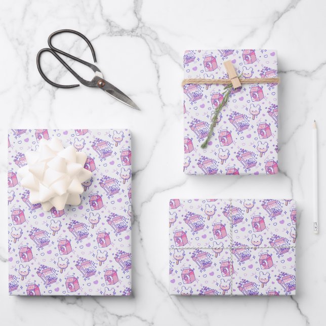 Kawaii Bakery & Milk Pattern Wrapping Paper Sheet (Front)