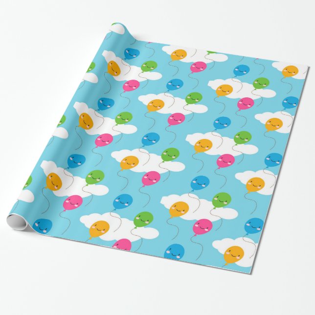 Kawaii Balloons Wrapping Paper (Unrolled)