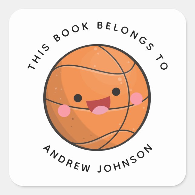 Kawaii Basketball Ball Cute Kids Name Bookplate Square Sticker (Front)
