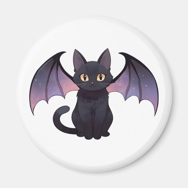 Kawaii Bat Wings Black Cat Halloween Magnet (Front)