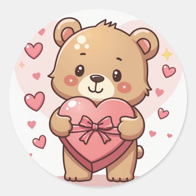 Kawaii Bear with Heart-Shaped Chocolate Box Classic Round Sticker (Front)