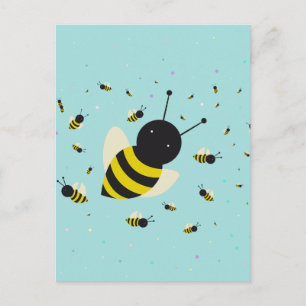 kawaii bee swarm and polka dots pastel blue postcard