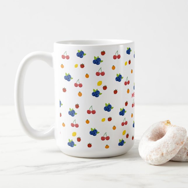 Kawaii Berries and Cherries Pattern Candy Jar Coffee Mug (With Donut)