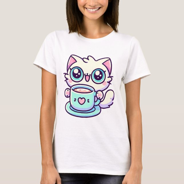 Kawaii Big-Eyed Cat with Teacup Cute T-Shirt (Front)