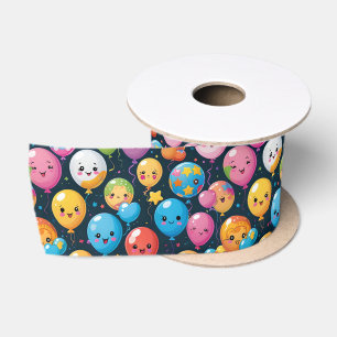 Kawaii Birthday Balloon Pattern Satin Ribbon